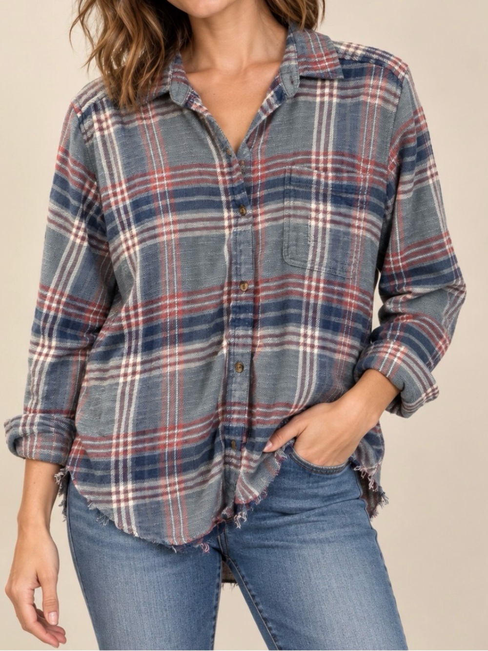 American Eagle Outfitters Distressed Plaid Button-Down Shirt